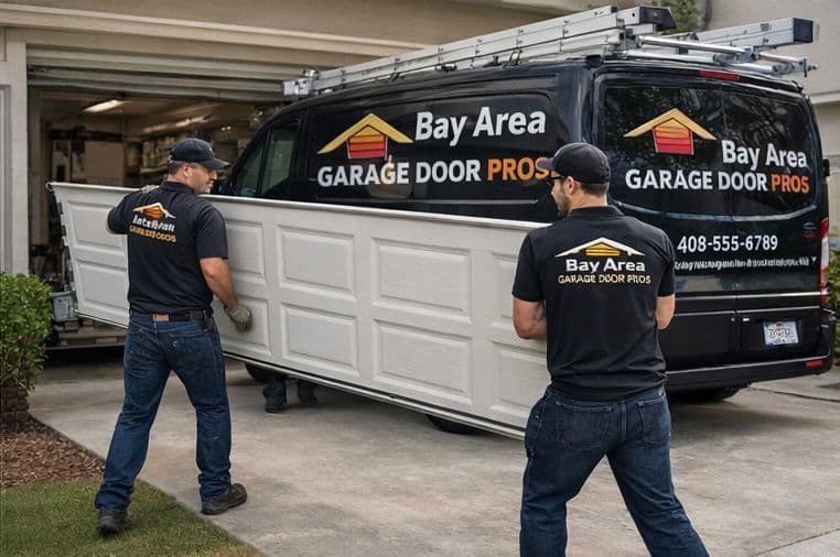 Bay Area Garage Door Pro's team carrying a garage door panel