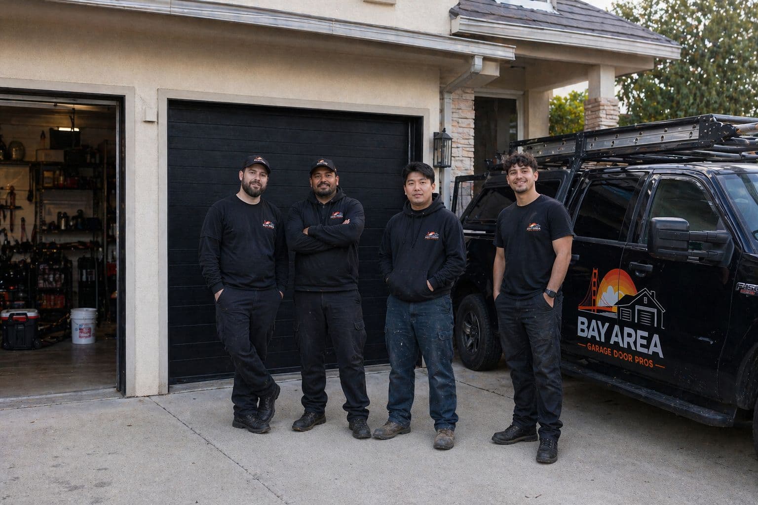 Bay Area Garage Door Pro's team carrying a garage door panel